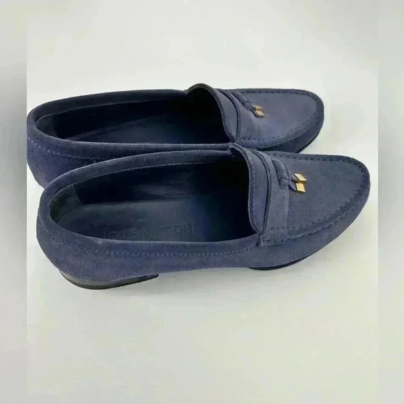 Louis Vuitton Blue Suede Shoes Leather Loafers Sz 37.5 US Womens Logo - Picture 6 of 15
